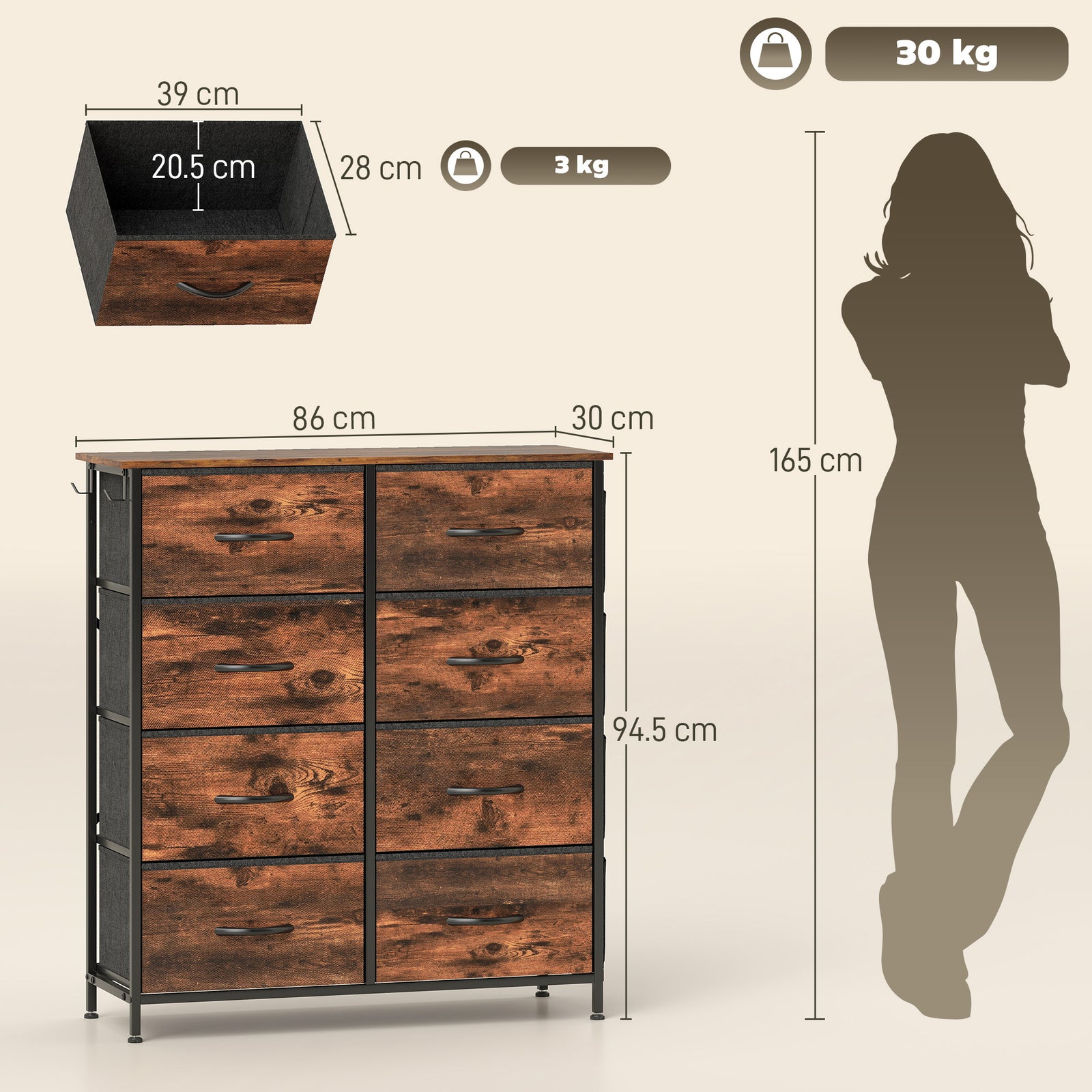 Fabric Chest Of Drawers, 8 Drawer Dresser For Bedroom | Brown