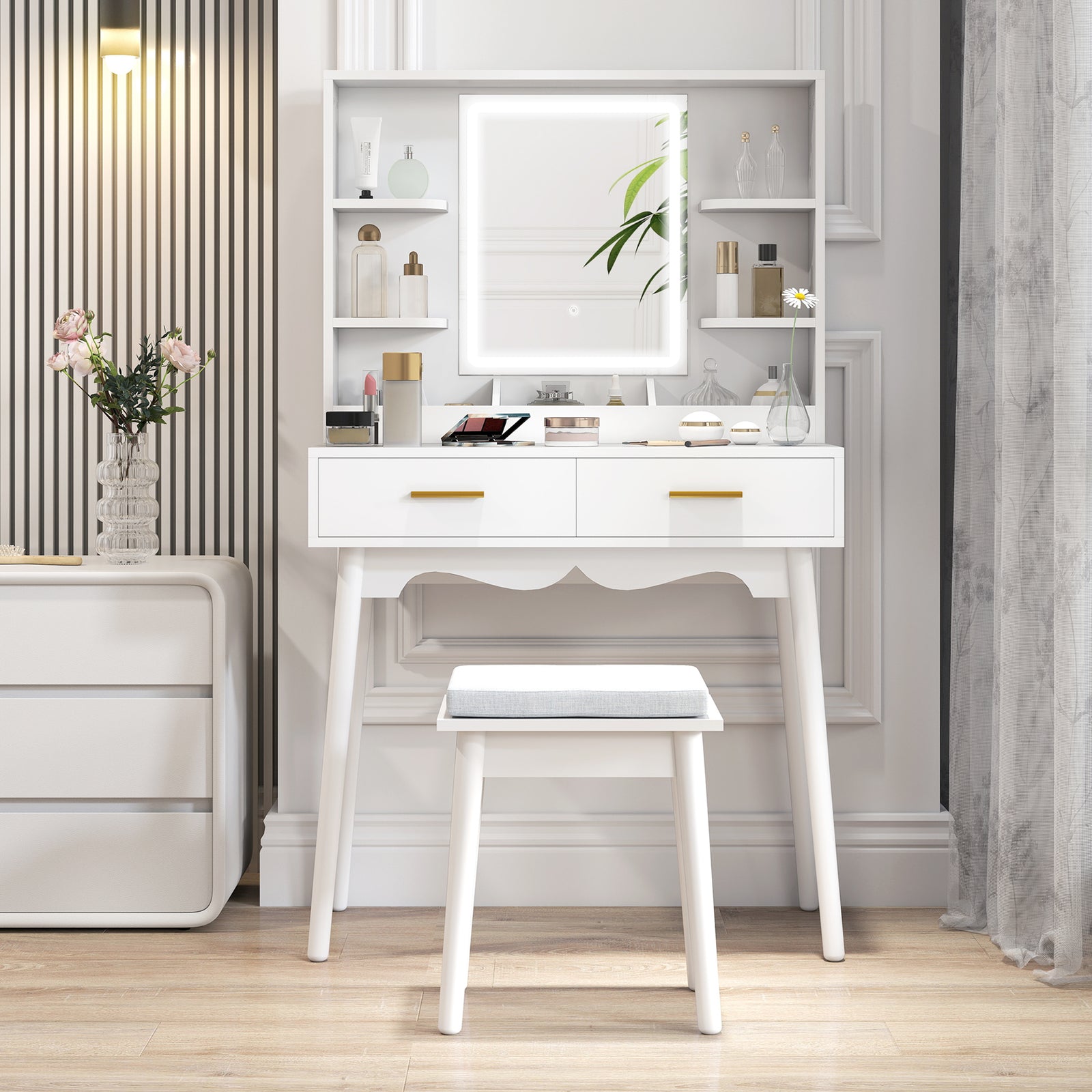 Dressing Table With Led Lighted Mirror And Cushioned Stool White