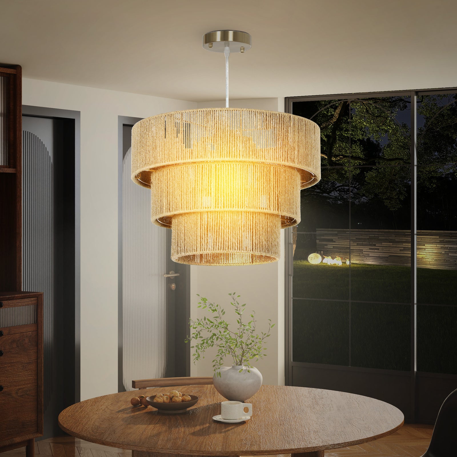 Boho Hemp Rope Pendant Light, Ceiling Light For Bedroom
