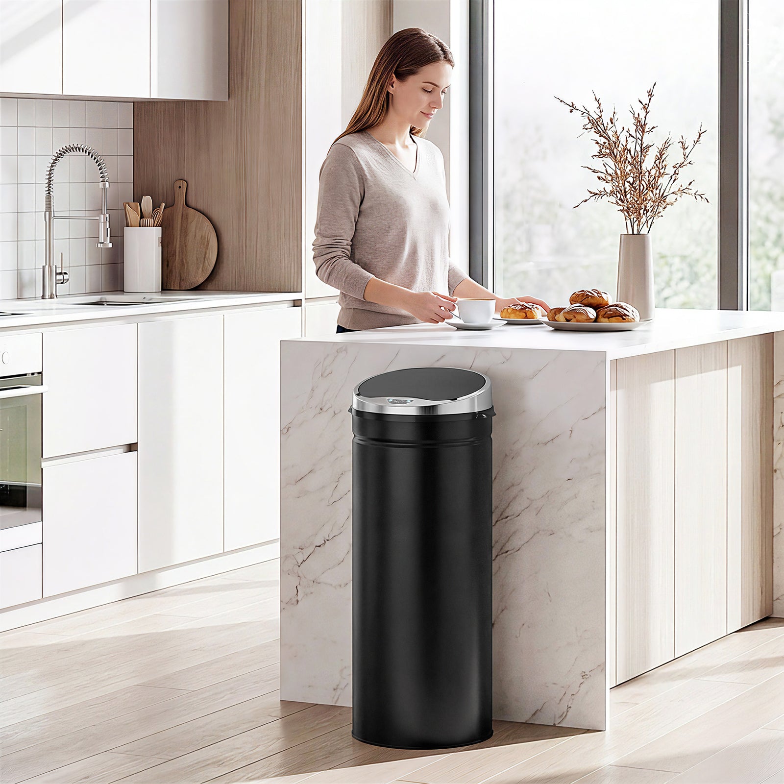 50l Sensor Bin, Stainless Steel Kitchen Bin With Automatic Close | Black