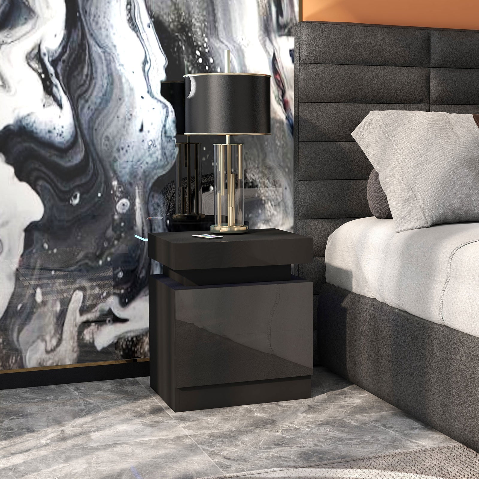 High Gloss Bedside Table With Led Light And 2 Drawers, Black