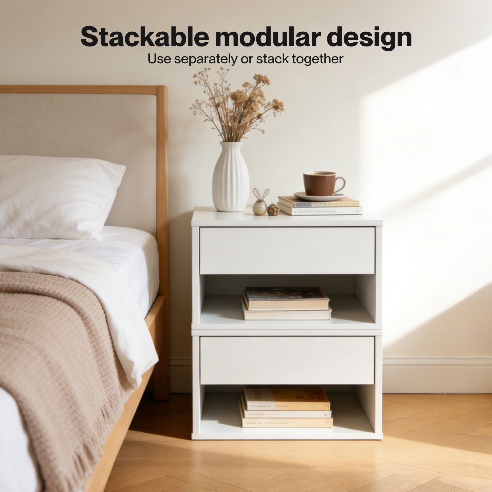 Bedside Table Floating Set Of 2 Wall Mounted Drawer Open Shelf White | White