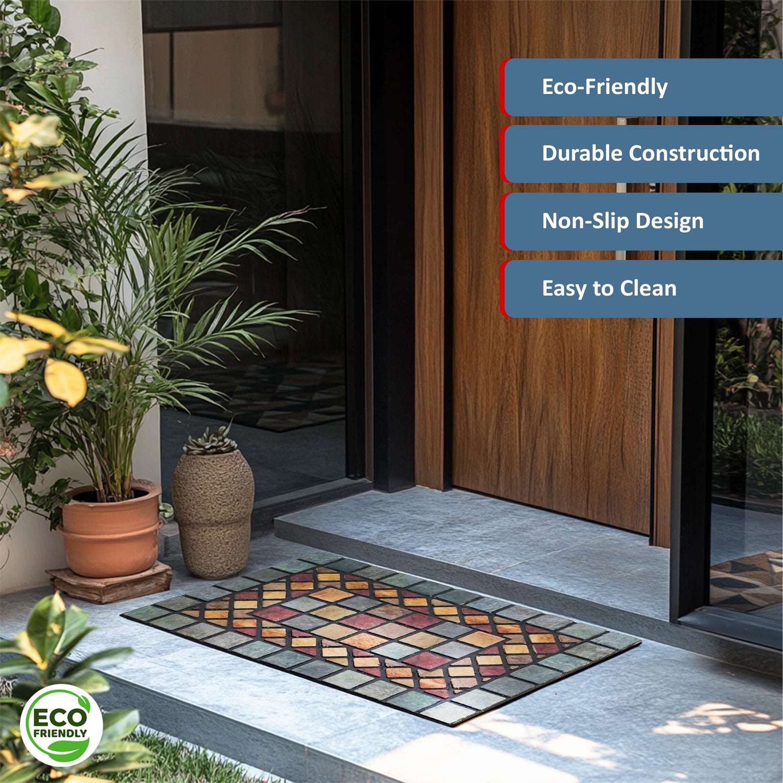 Elegant Tile Effect Doormat - Blue Edge | Small | Blue