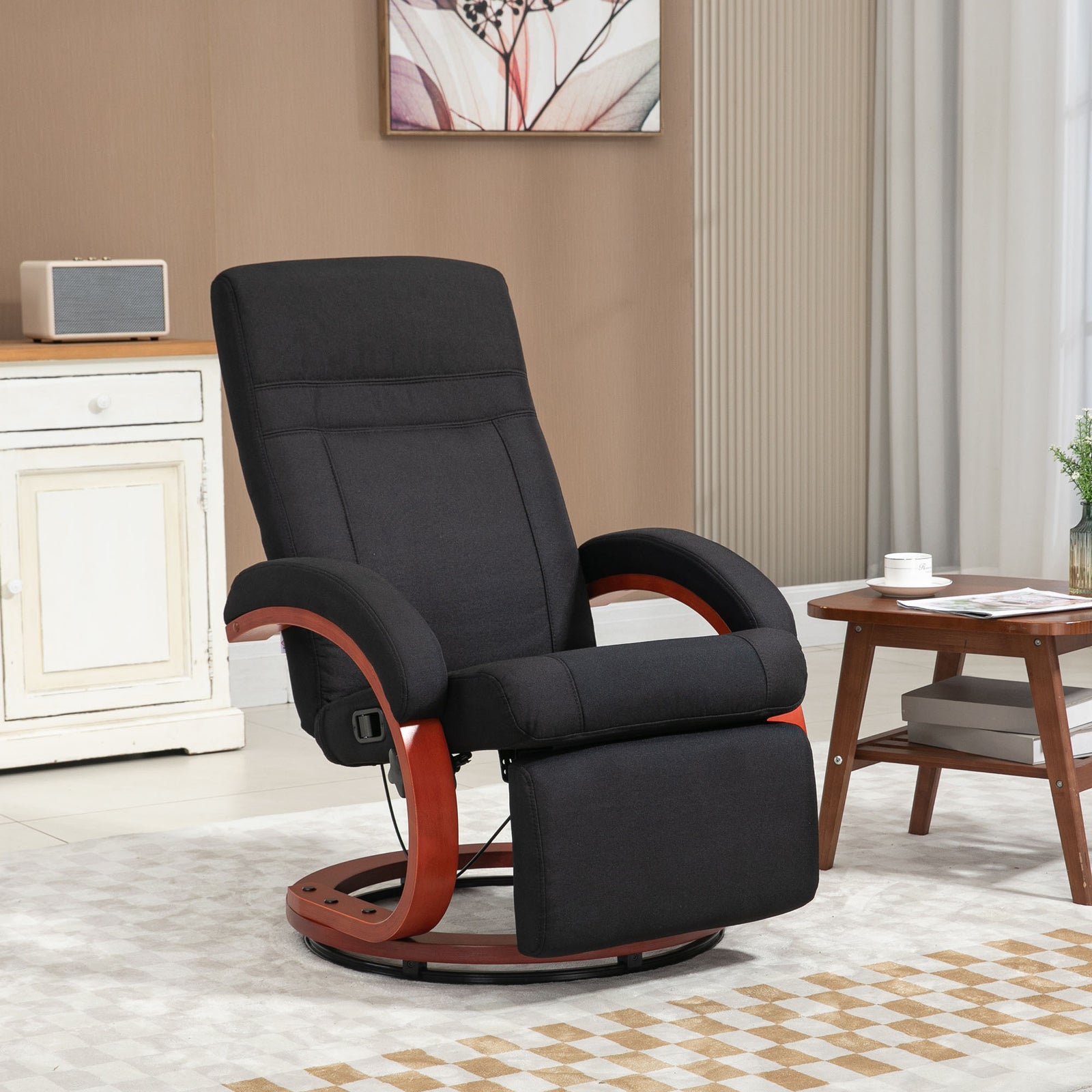 Manual Recliner Swivel Reclining Chair With Footrest Armrests Black