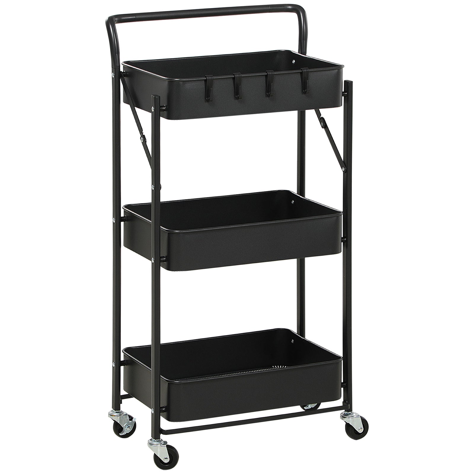 HOMCOM Rolling Utility Cart With 3 Mesh Basket 4 Hooks For Kitchen