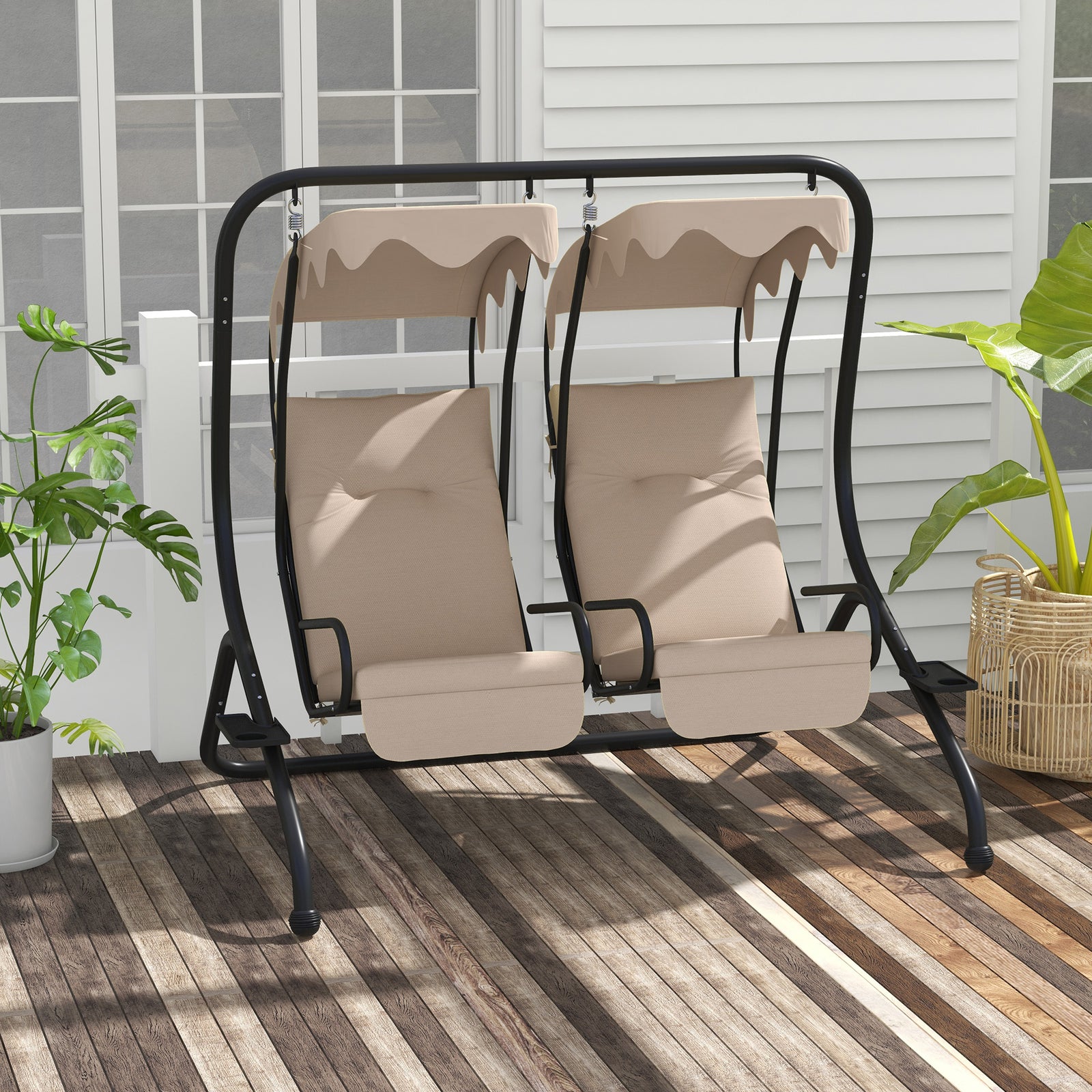 2 Seater Garden Metal Swing Seat Patio Chair Hammock | Beige
