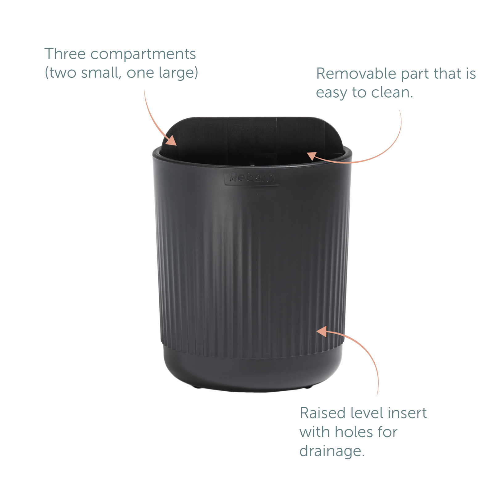 Recycled Toothbrush Holder - Three compartments - Easy to clear removable parts - Made in the UK | Graphite Black