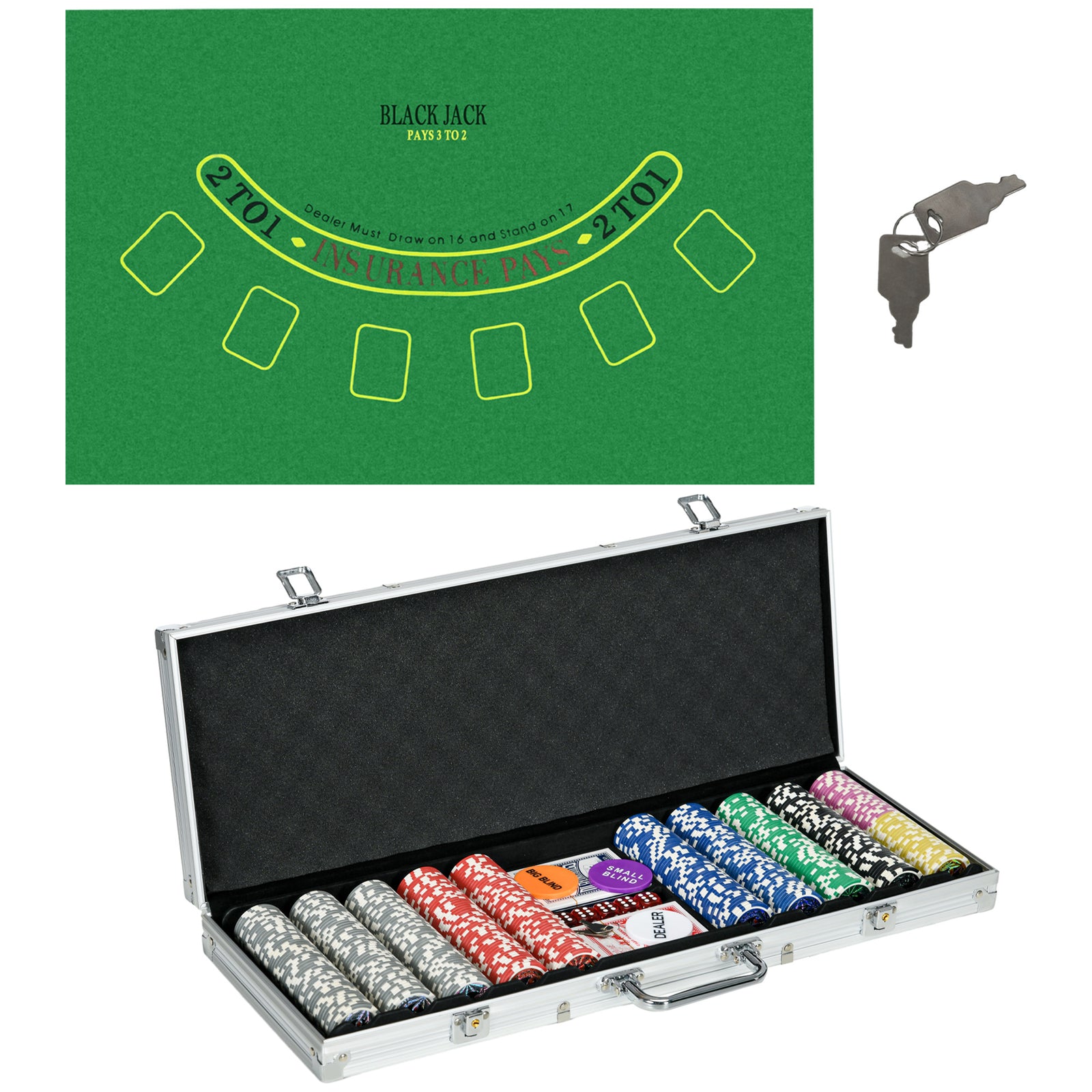 Texas Holdem Poker Set, 500 Chips, Mat, Aluminium Case
