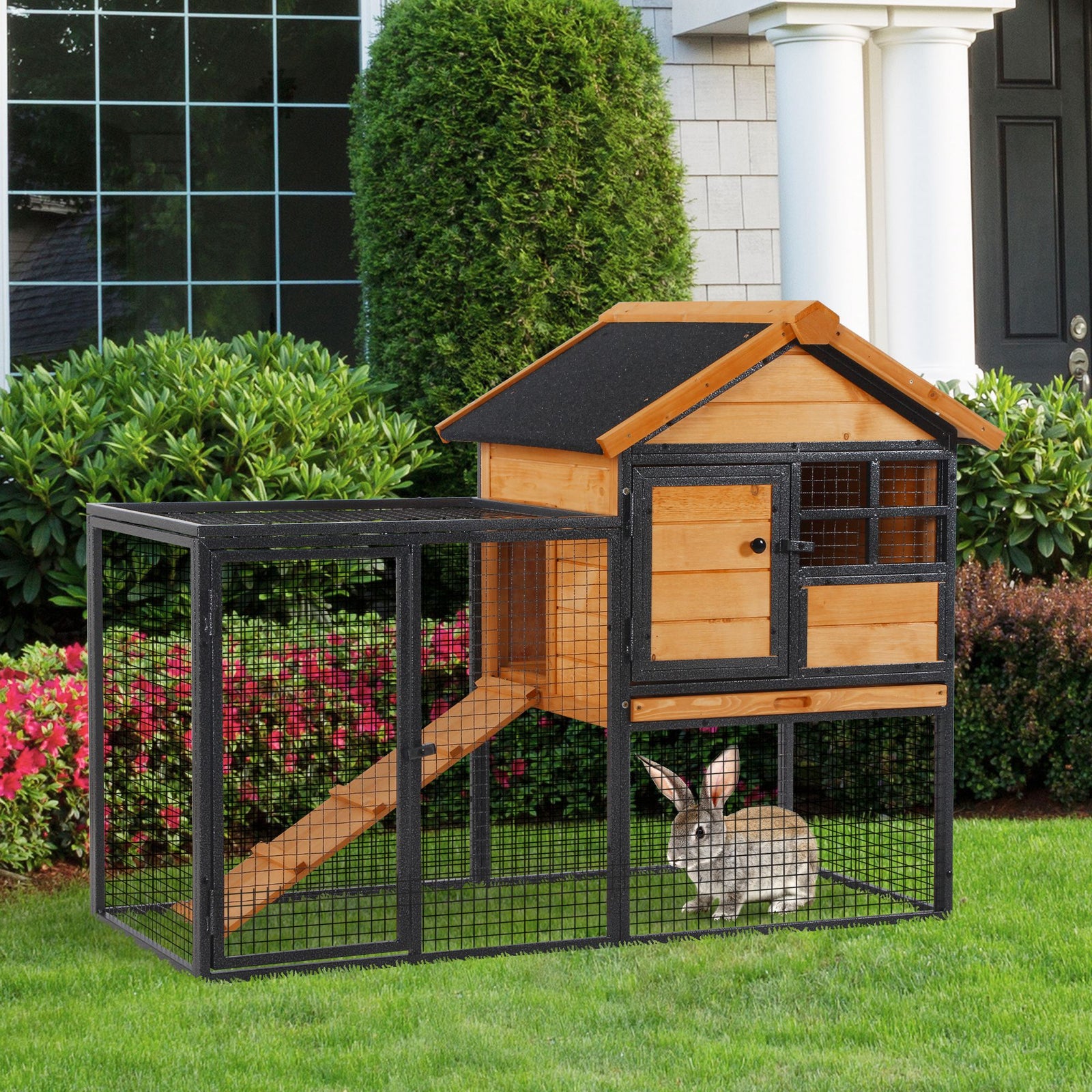 Wood-metal Rabbit Hutch Elevated Pet House Outdoor 122 X 63 X 92cm