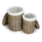 Round Rattan Laundry Hamper Basket With White Lining | Set-of-2 | Brown