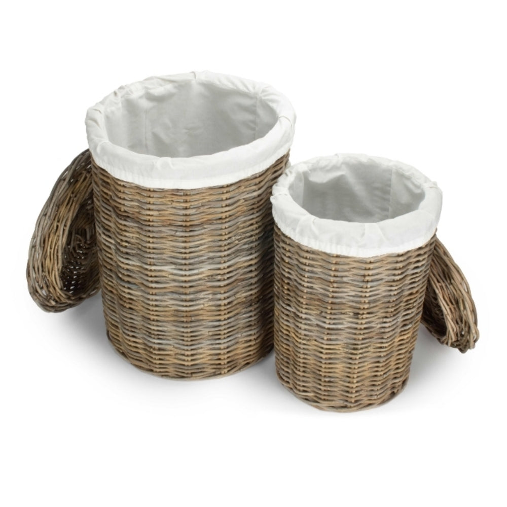 Round Rattan Laundry Hamper Basket With White Lining | Set-of-2 | Brown