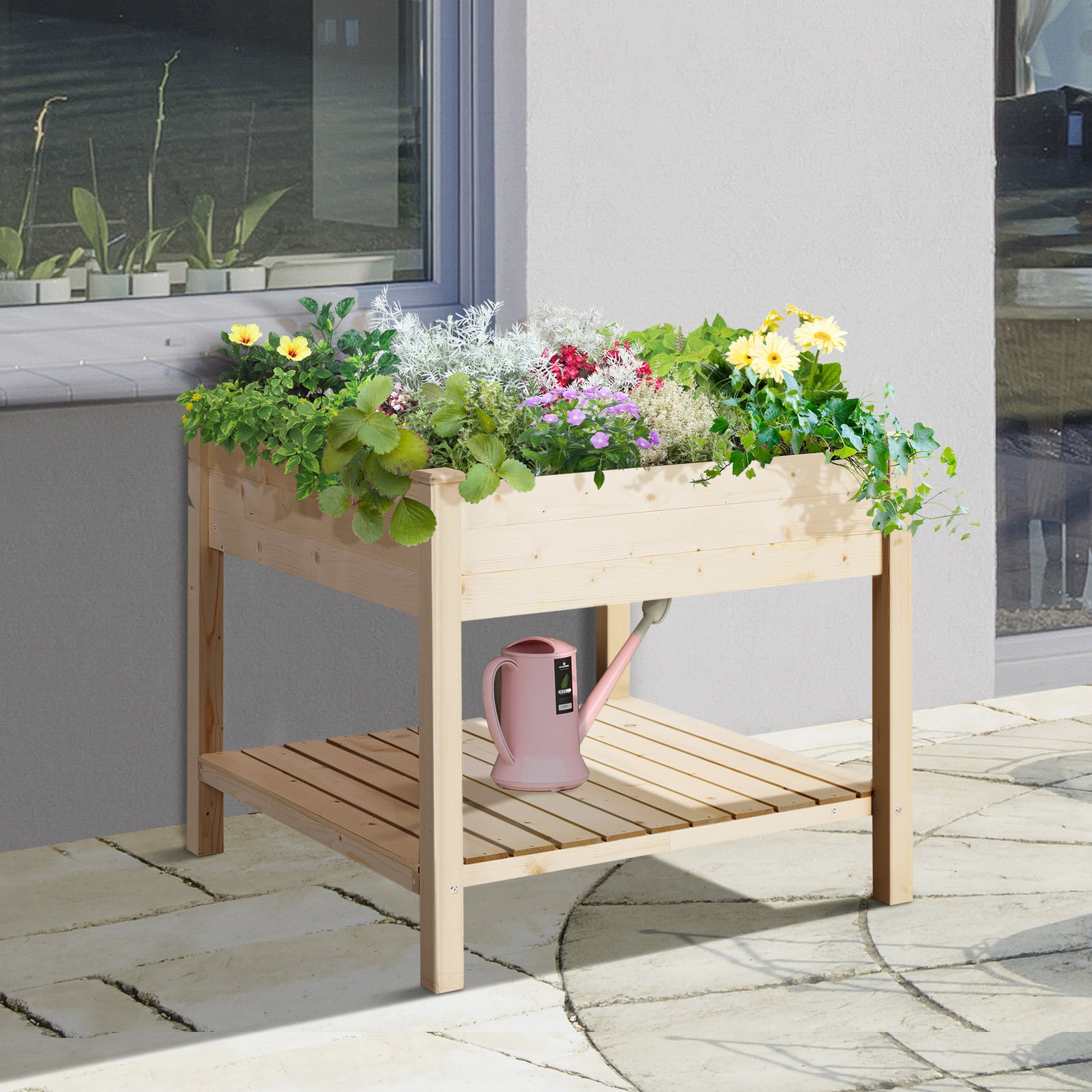 Elevated Planter Bed With Storage Shelf Natural