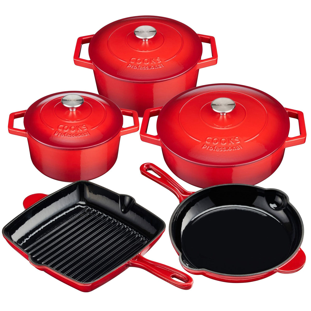 Cooks Professional 5 Piece Cast Iron Casserole Dish, Frying Pan & Skillet Set