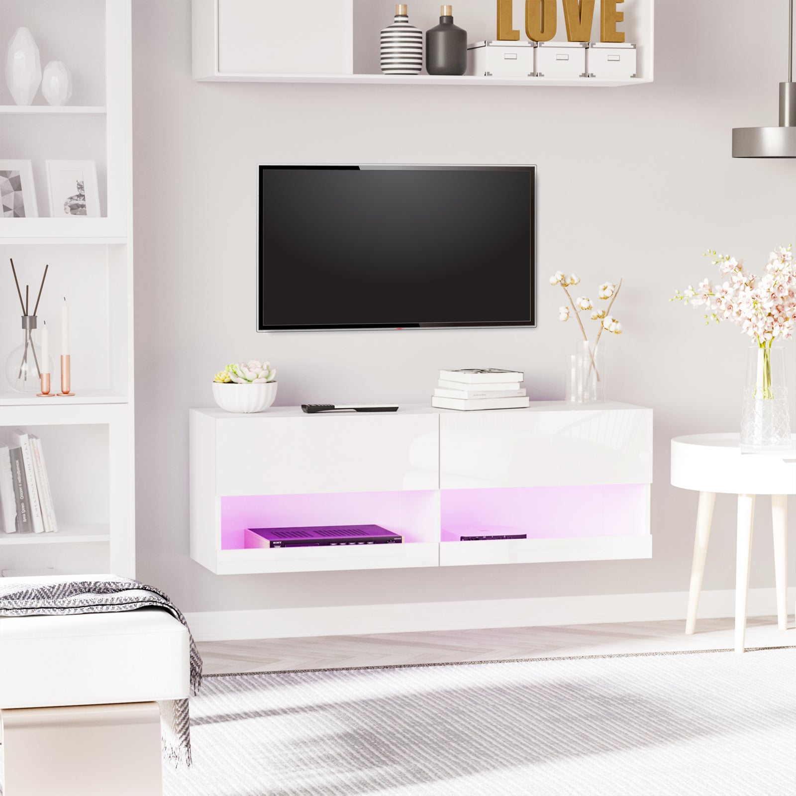 Wall Mount Tv Stand W/ Led Lights Storage