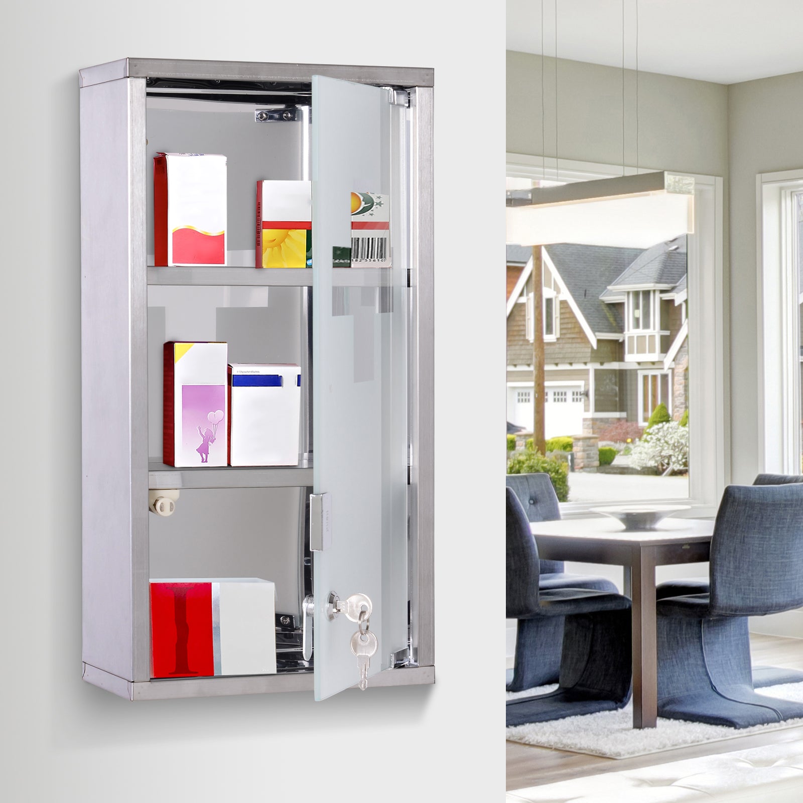 Wall Mounted Medicine Cabinet First Aid  Glass Door Lockable