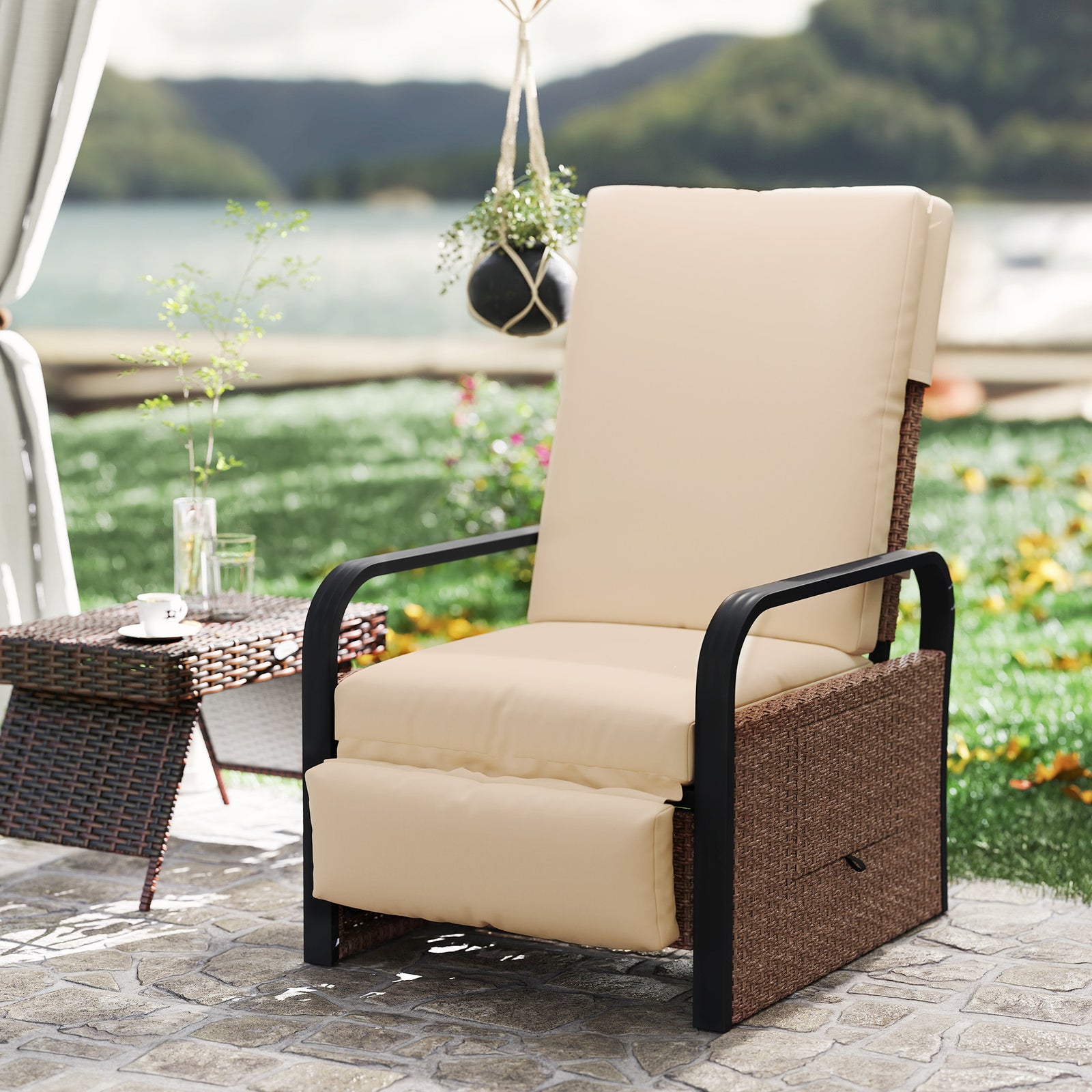 Rattan Recliner Chair, Adjustable Backrest & Footrest | Brown