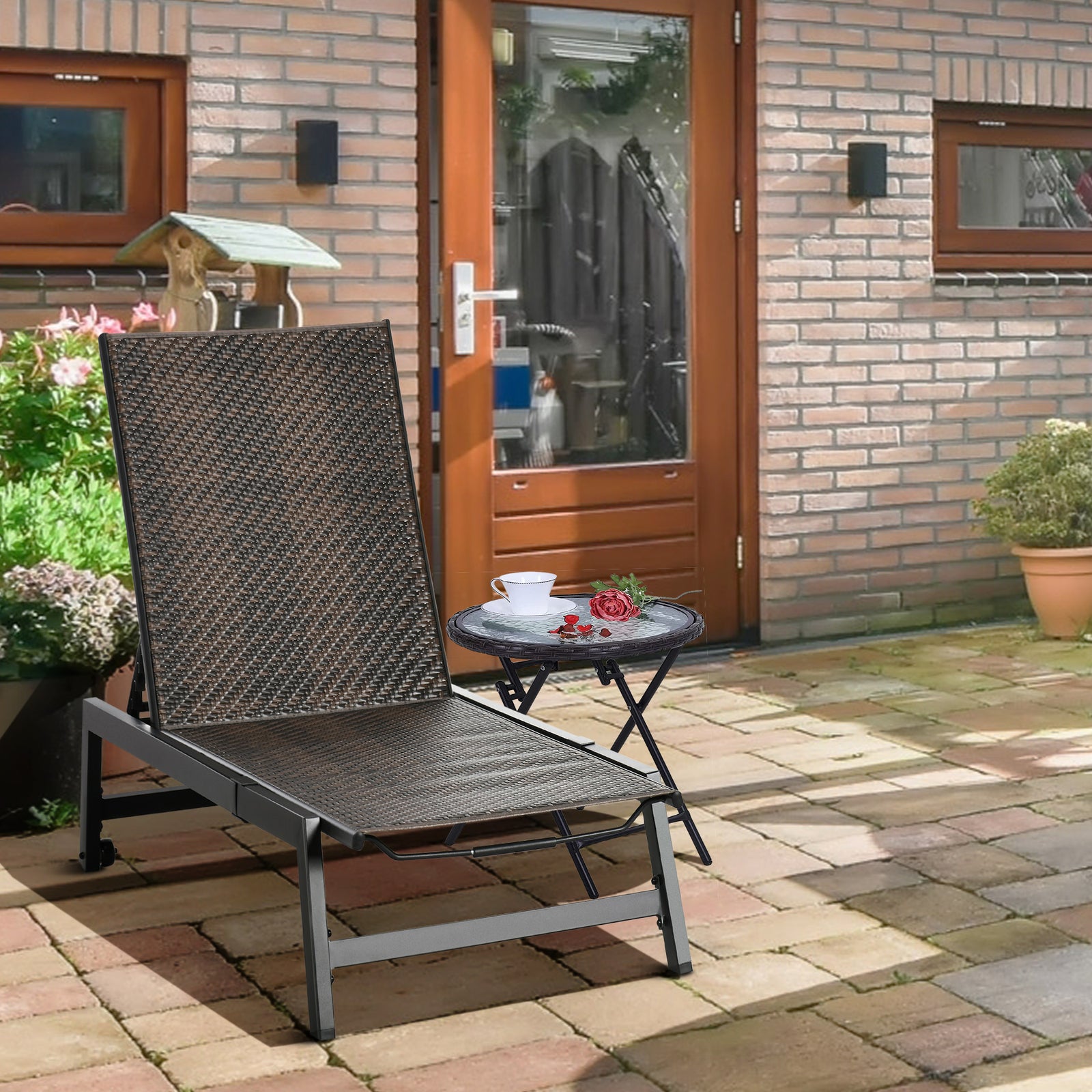 Pe Rattan Sun Lounger W/ Backrest & Wheels | Brown