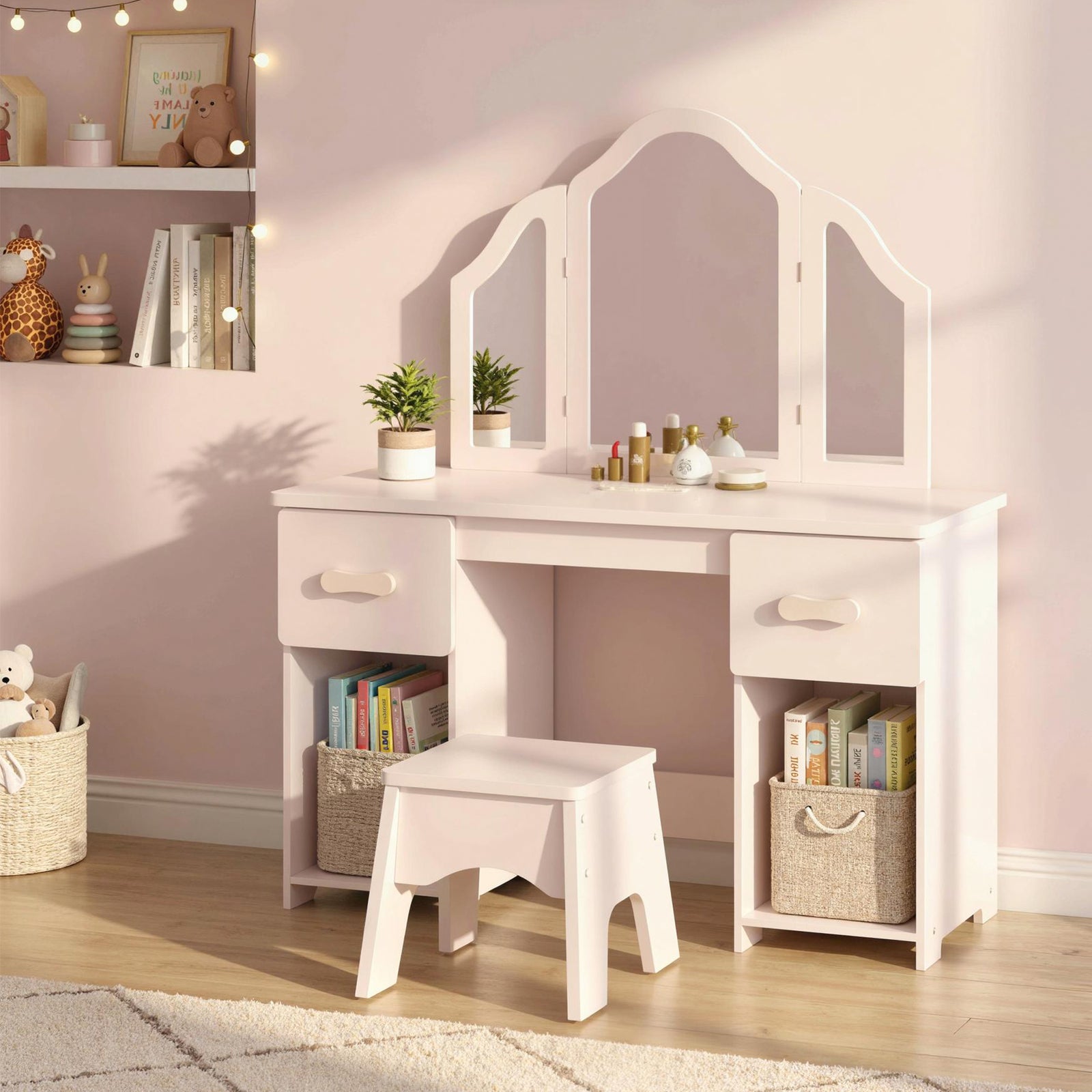 AIYAPLAY Kids Vanity Table And Chair Set With Tri-folding Mirror For 3+