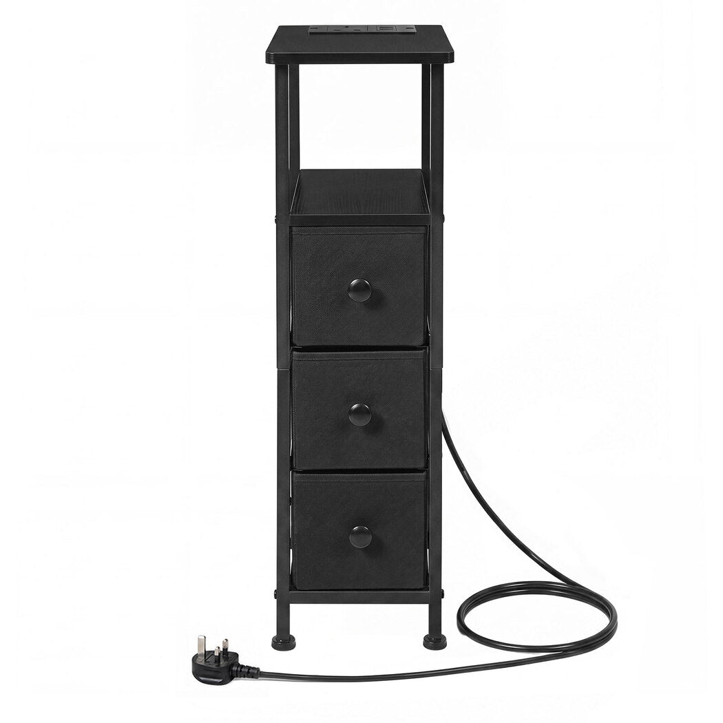 Slim Bedside Table With Charging Station 3 Drawers For Bedroom Black | Black