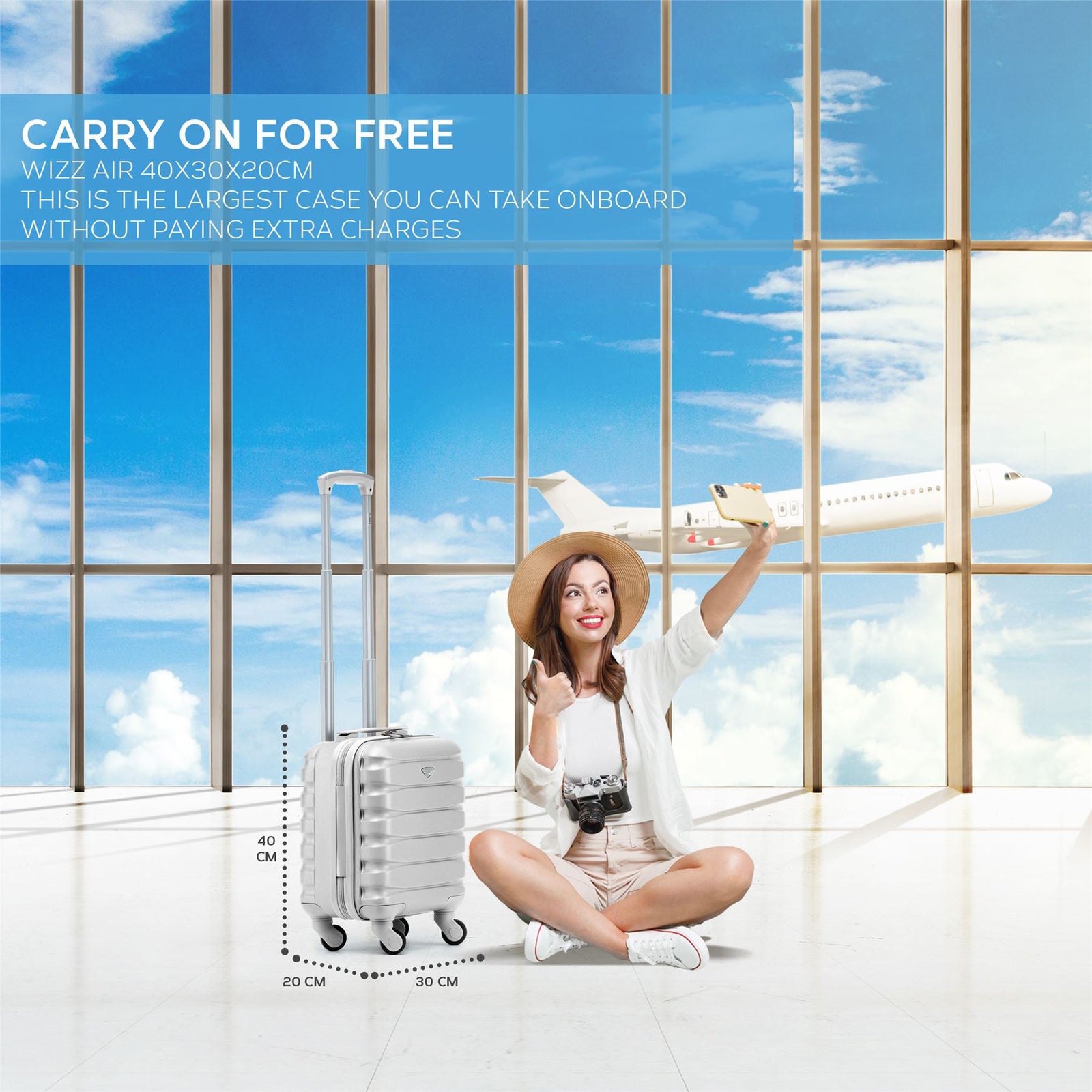 40x30x20cm Cabin Carry-on Suitcase - Lightweight, Durable, 4-wheel Luggage - 100+ Airlines Approved | Cabin | Silver