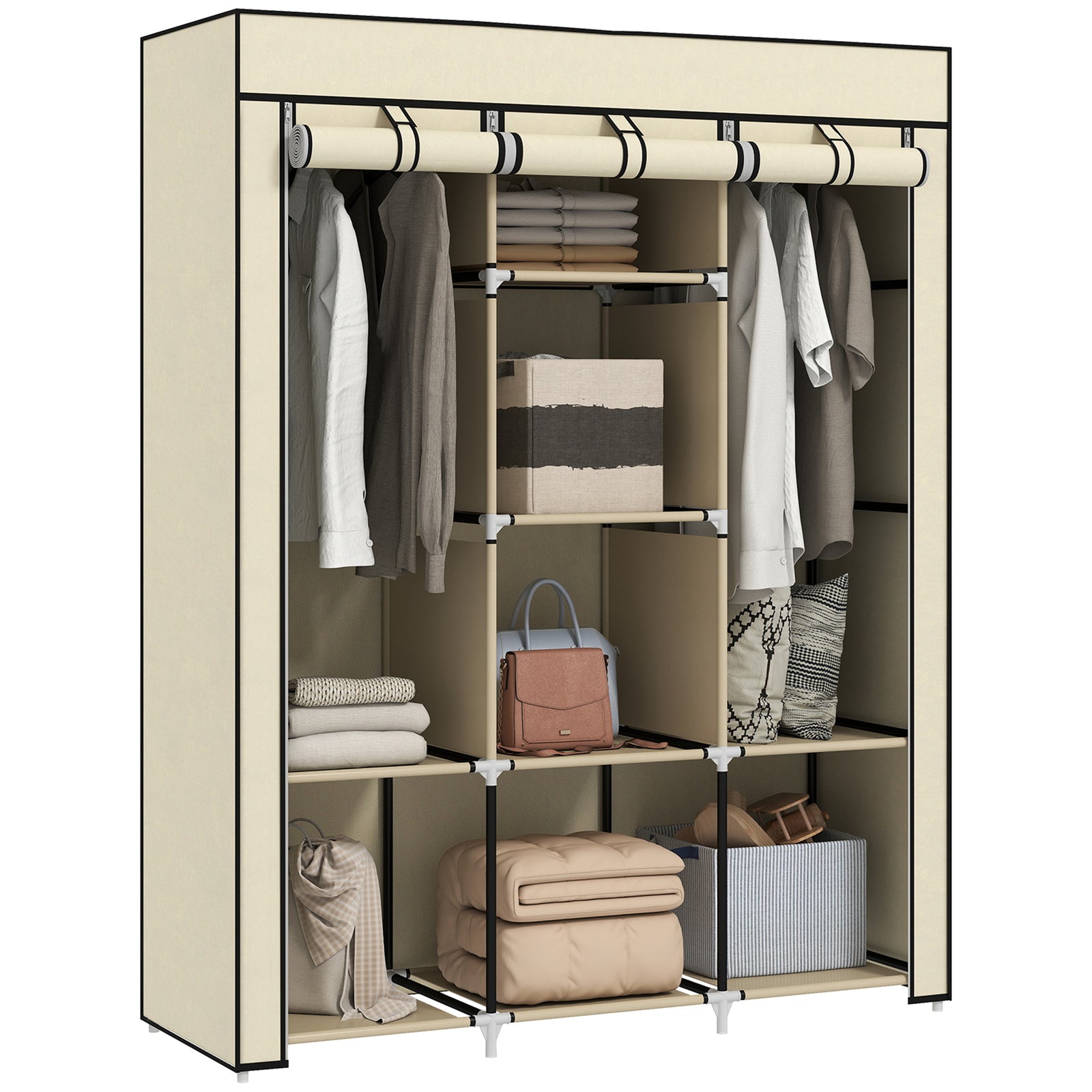 Fabric Portable Wardrobe With 8 Shelves 2 Hanging Rails | White