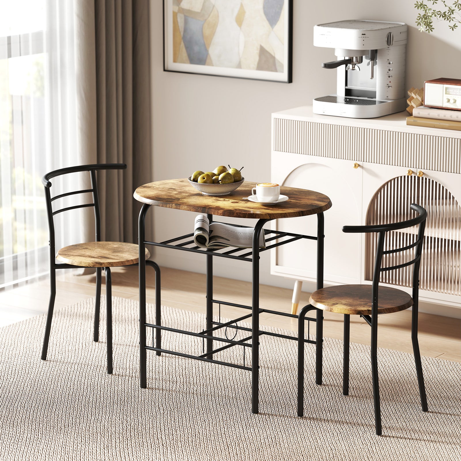 Breakfast Bar Table And Stools Set, Dining Room Set With Shelf | Rustic Brown