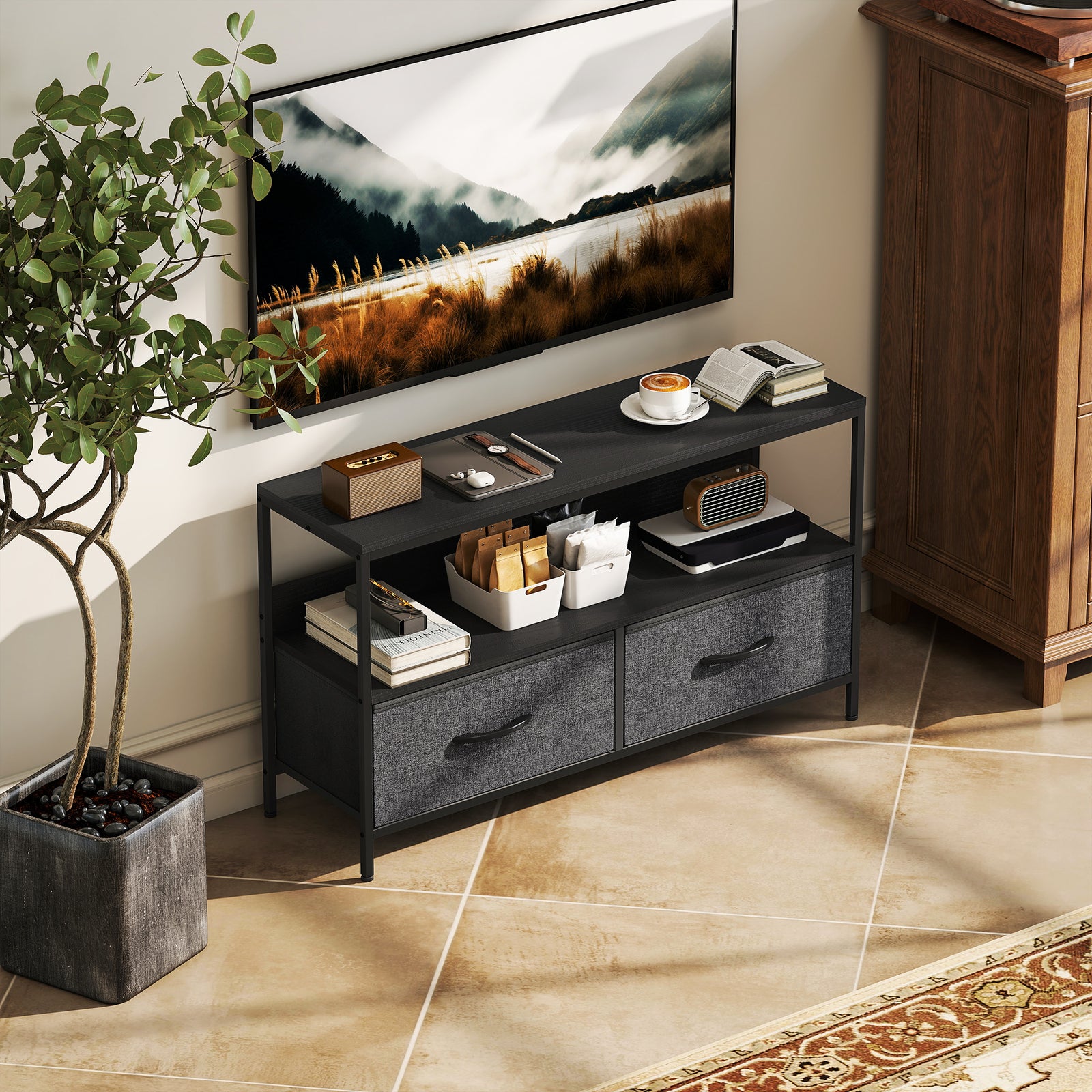 Tv Cabinet, Tv Console Unit With 2 Foldable Linen Drawers | Black