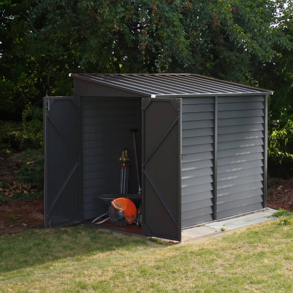 Zinc Steel Lean-To Garden Shed 4.7 × 8.86 ft, Sloped Roof Outdoor Storage Shed with Built-in Hooks, Space-Saving Design