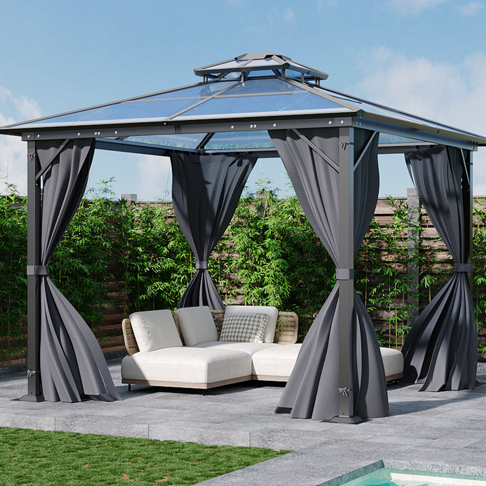3x3m Hardtop Patio Gazebo With Curtains Metal Frame Outdoor Canopy Shelter 2.7m Height