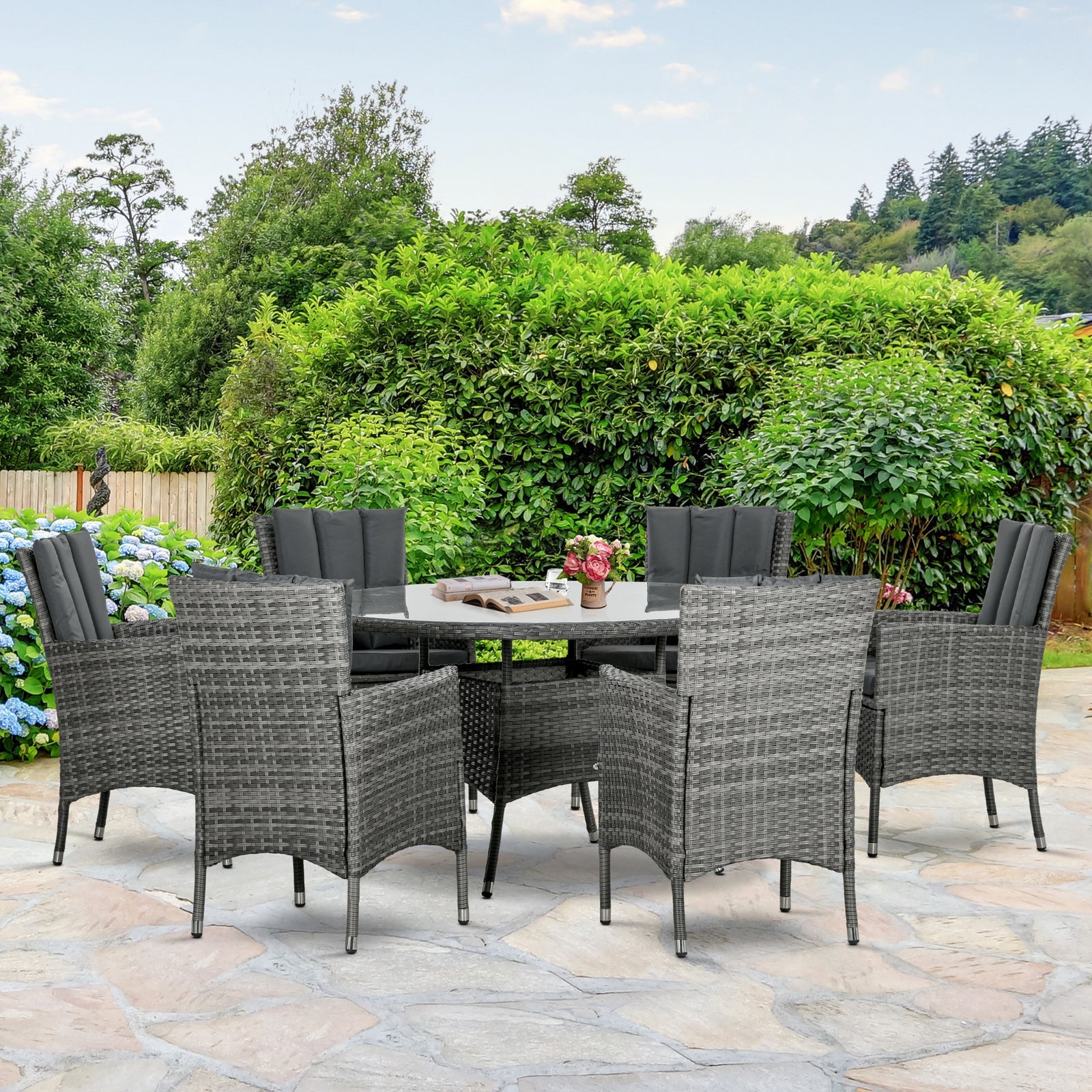 6 Seater Rattan Garden Furniture Set W/ Glass Tabletop