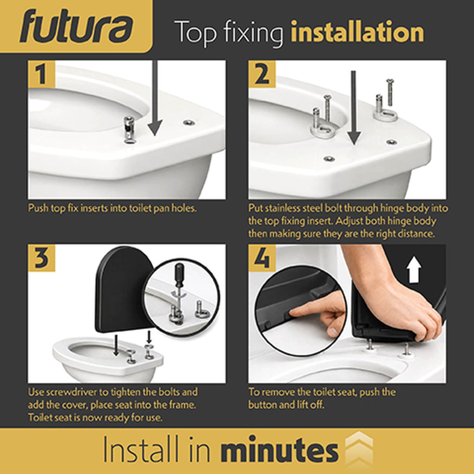Toilet Seat Soft Close D Shape, Premium Thermoplastic, Quick Release, Top & Bottom Fixings | Black