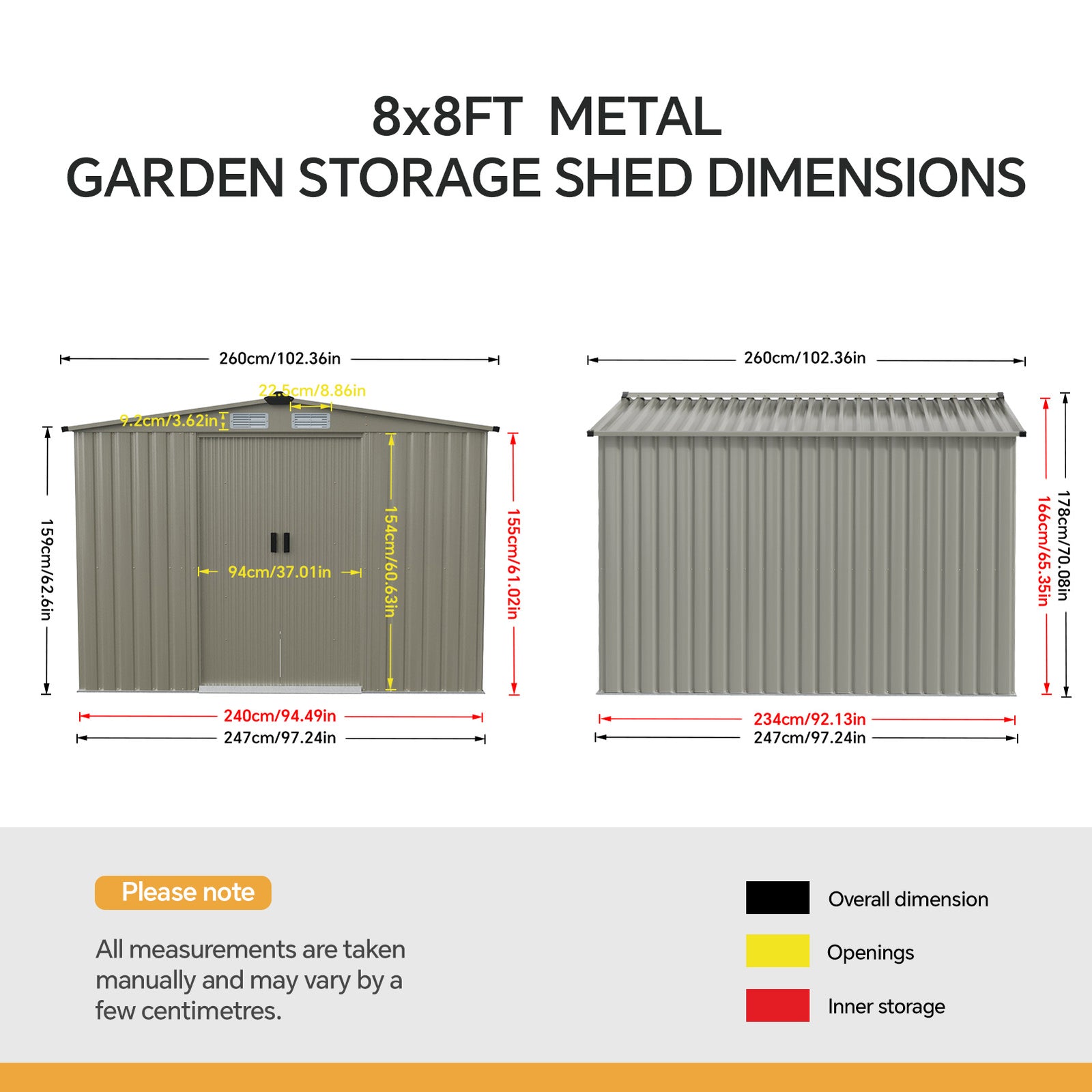 Breeins 8x8FT Apex Roof Metal Garden Storage Shed with Sliding Door