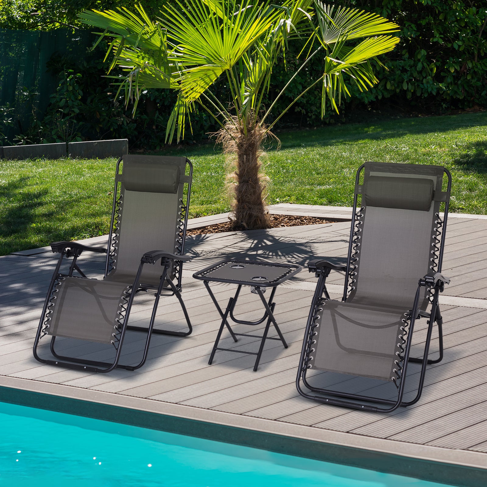 3pc Zero Gravity Chairs Sun Lounger Table Set W/ Cup Holders | Dark Gray