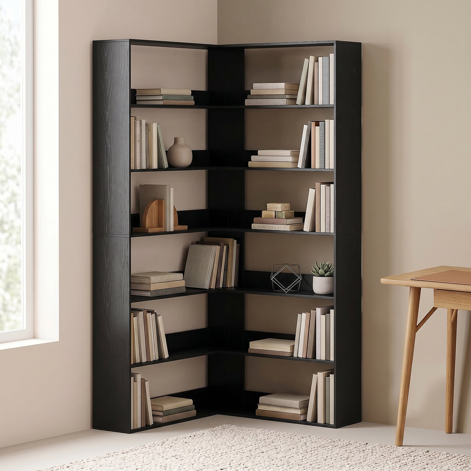7 Tiers Corner Bookshelf, L-shaped | Black
