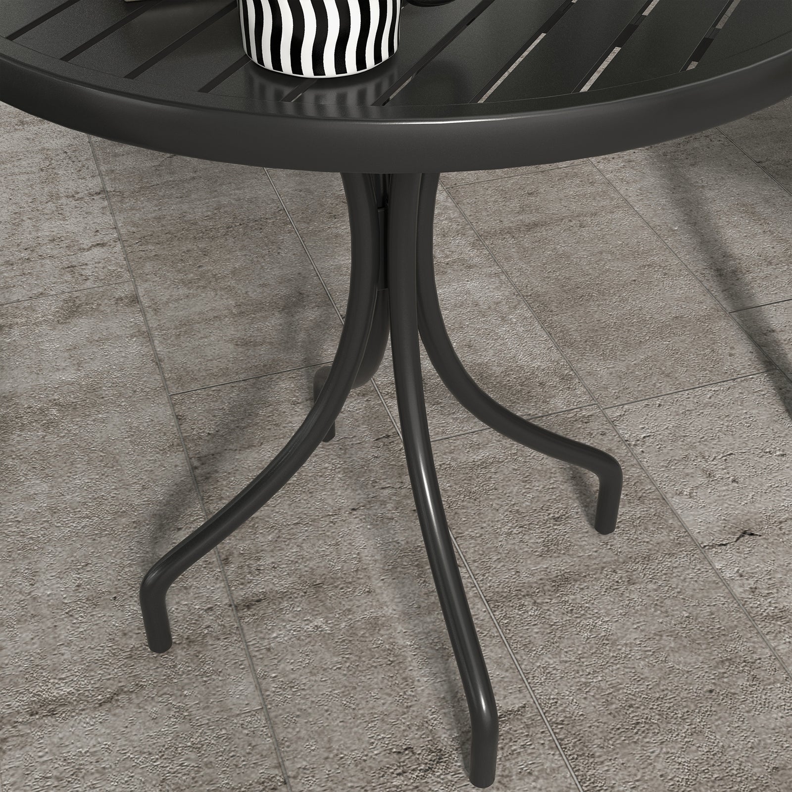 66cm Garden Table, Round Patio, Steel Frame, Slat Top, Black
