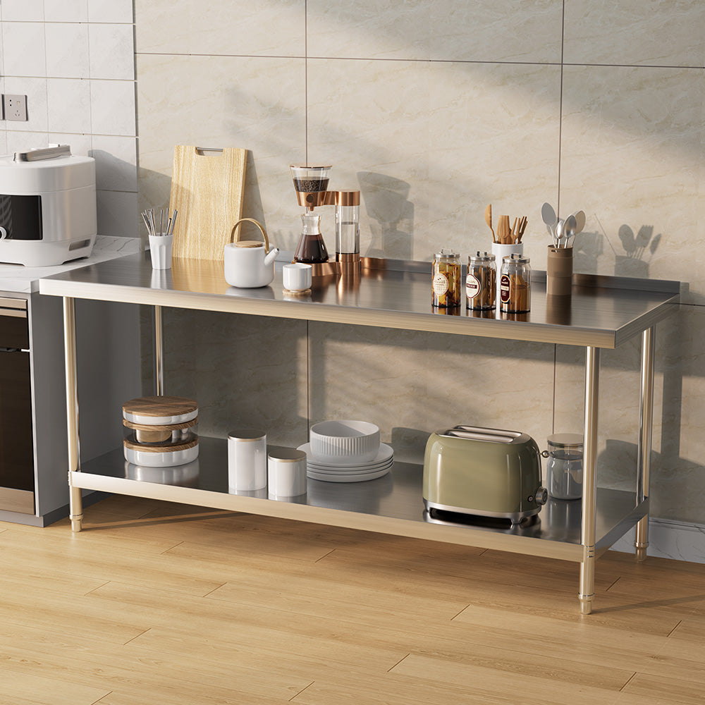 90cm/120cm/180cm×60cm×80cm H Commercial Kitchen Prep 2 Tier Work Stainless Steel Table With Backsplash | Large