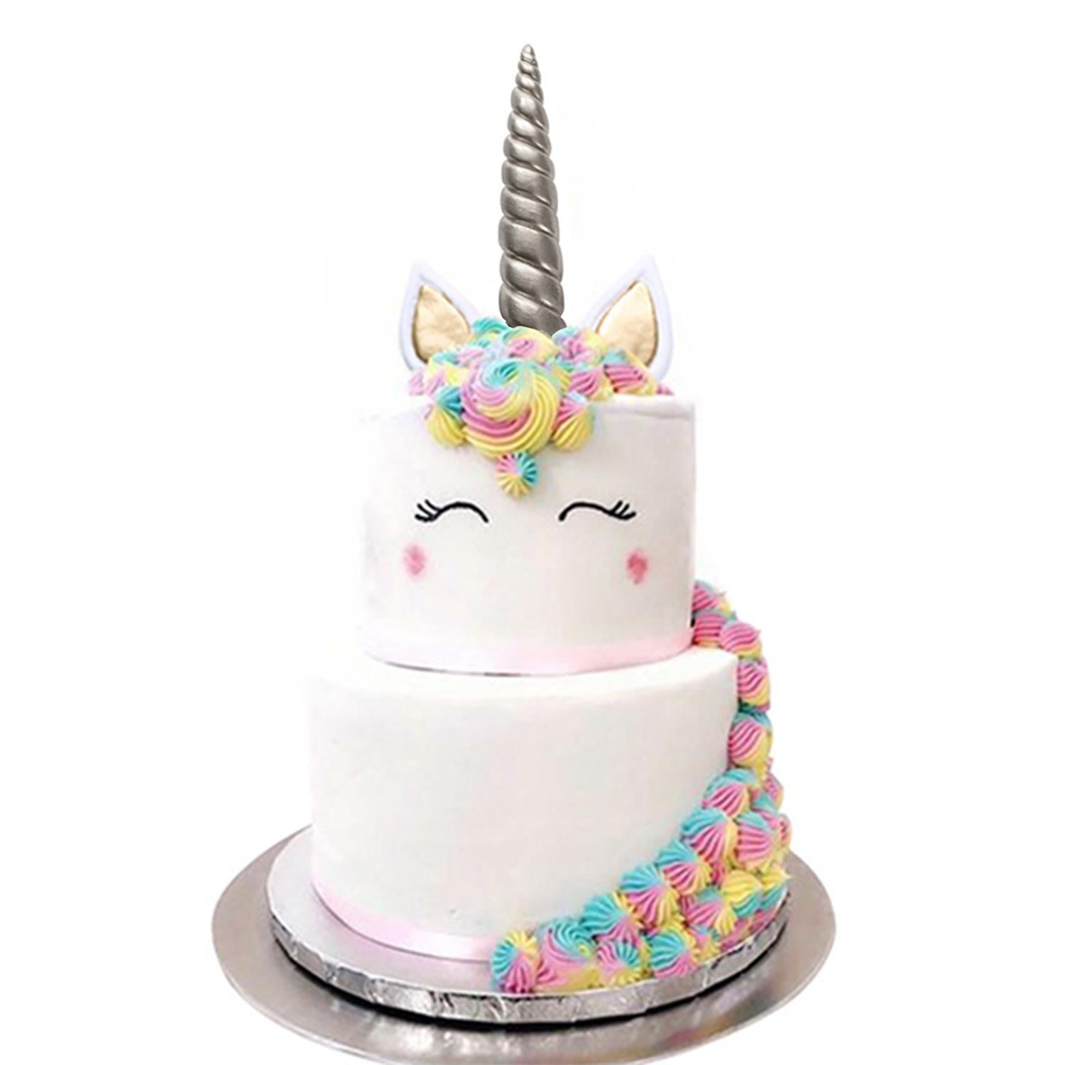 Large Unicorn Cake Decoration  With 1 Horn, 2 Ears And 2 Eyelashes, Silver