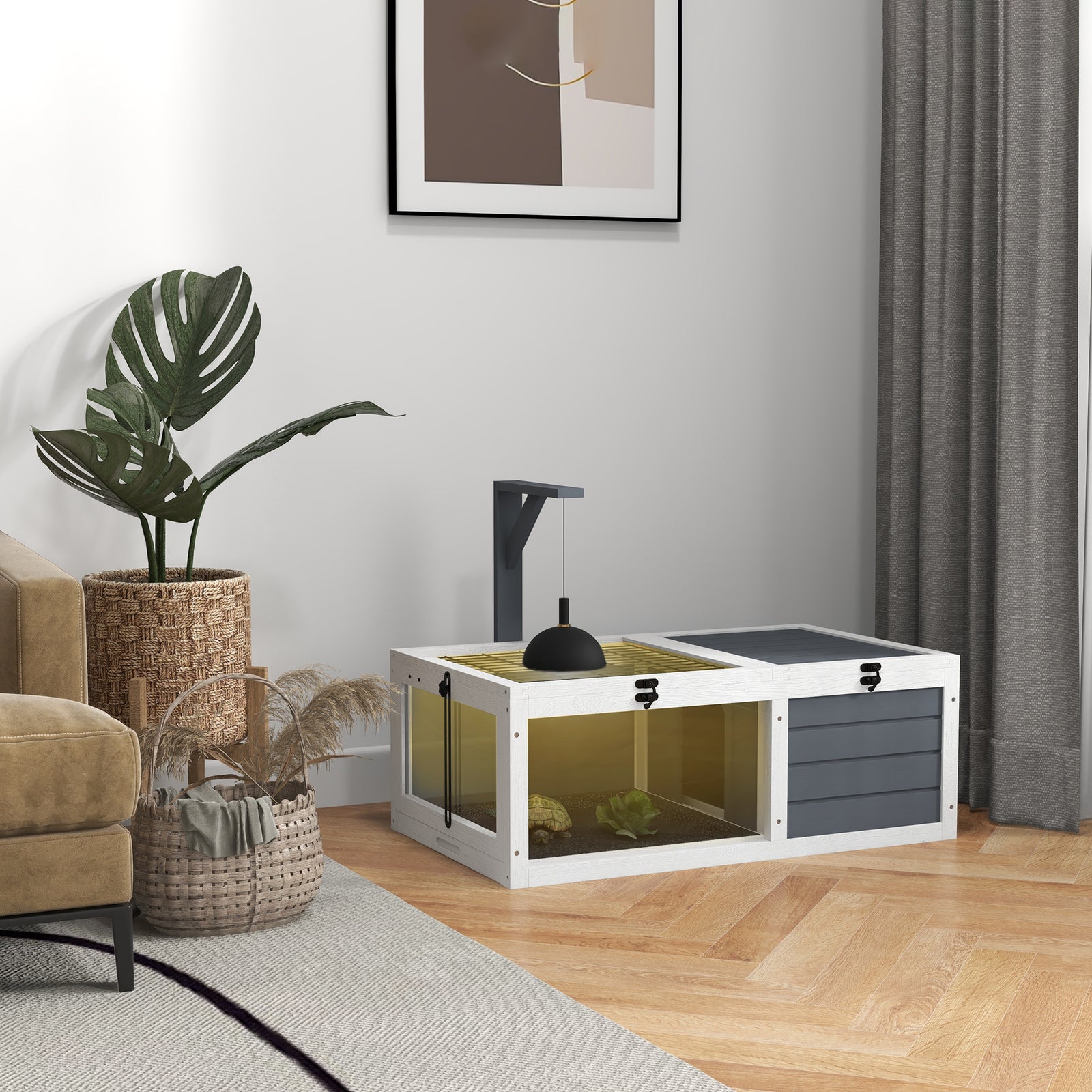 Tortoise House, Wooden Tortoise Table W/ Wooden Lamp Holder - Grey
