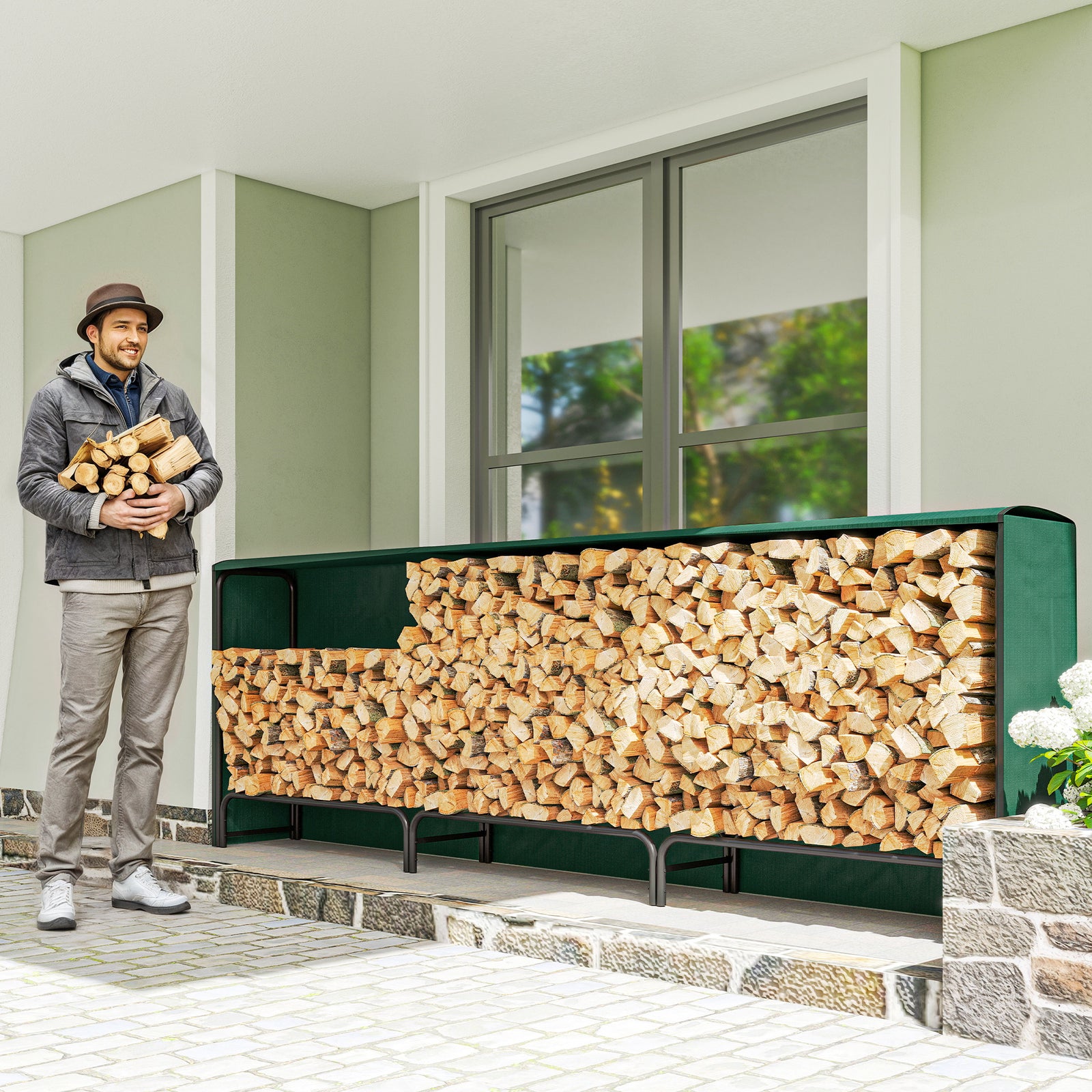 Metal Firewood Rack, Log Holder, 300 X 36 X 99 Cm | Green