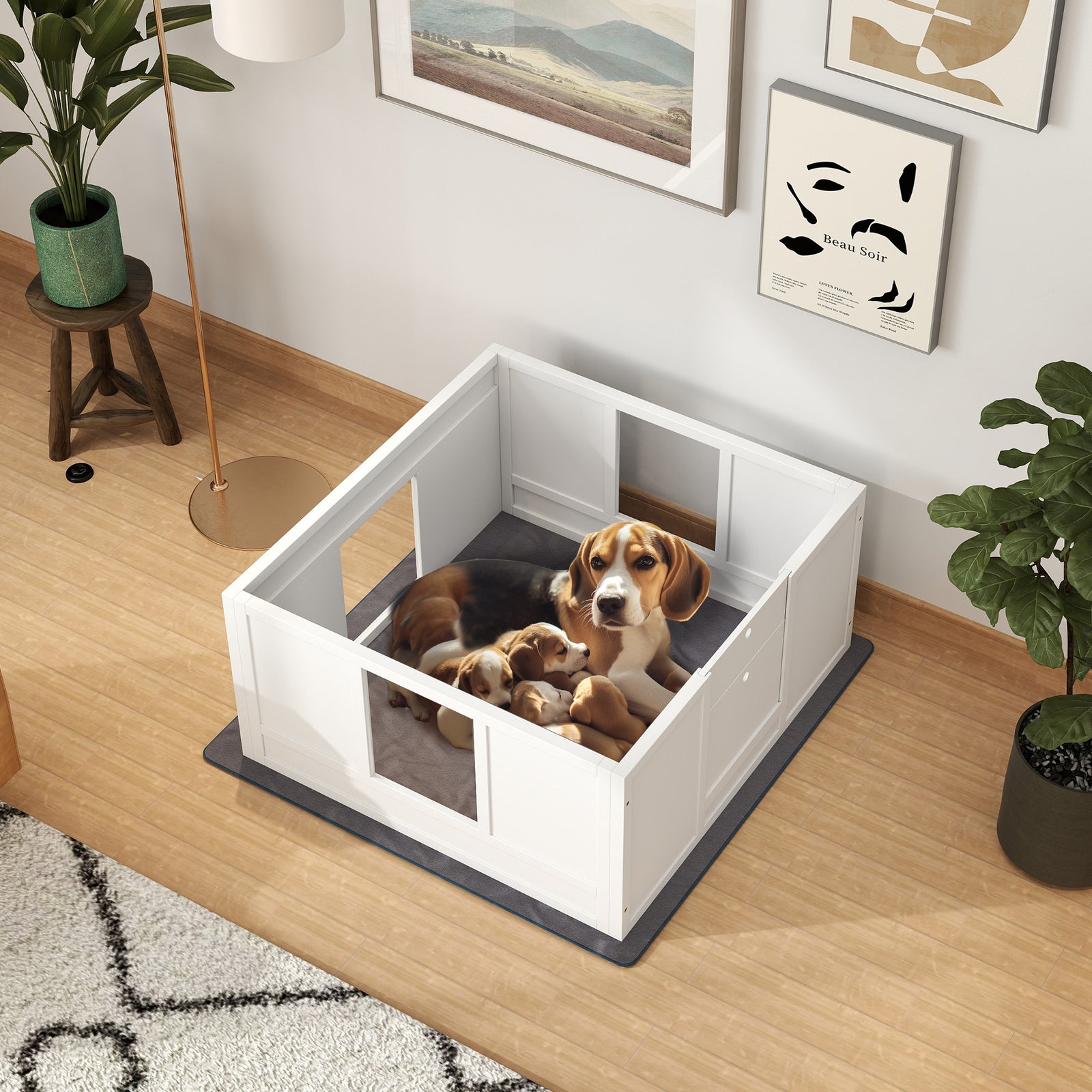 Pawhut Dog Whelping Box With Whelping Pad, Adjustable Entrance | White