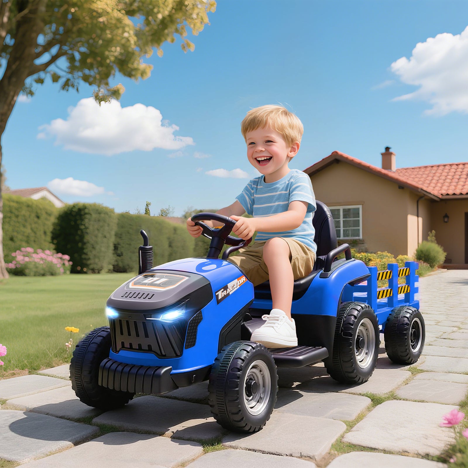 Ride On Tractor And Trailer, 12v Electric Ride On Tractor | Blue
