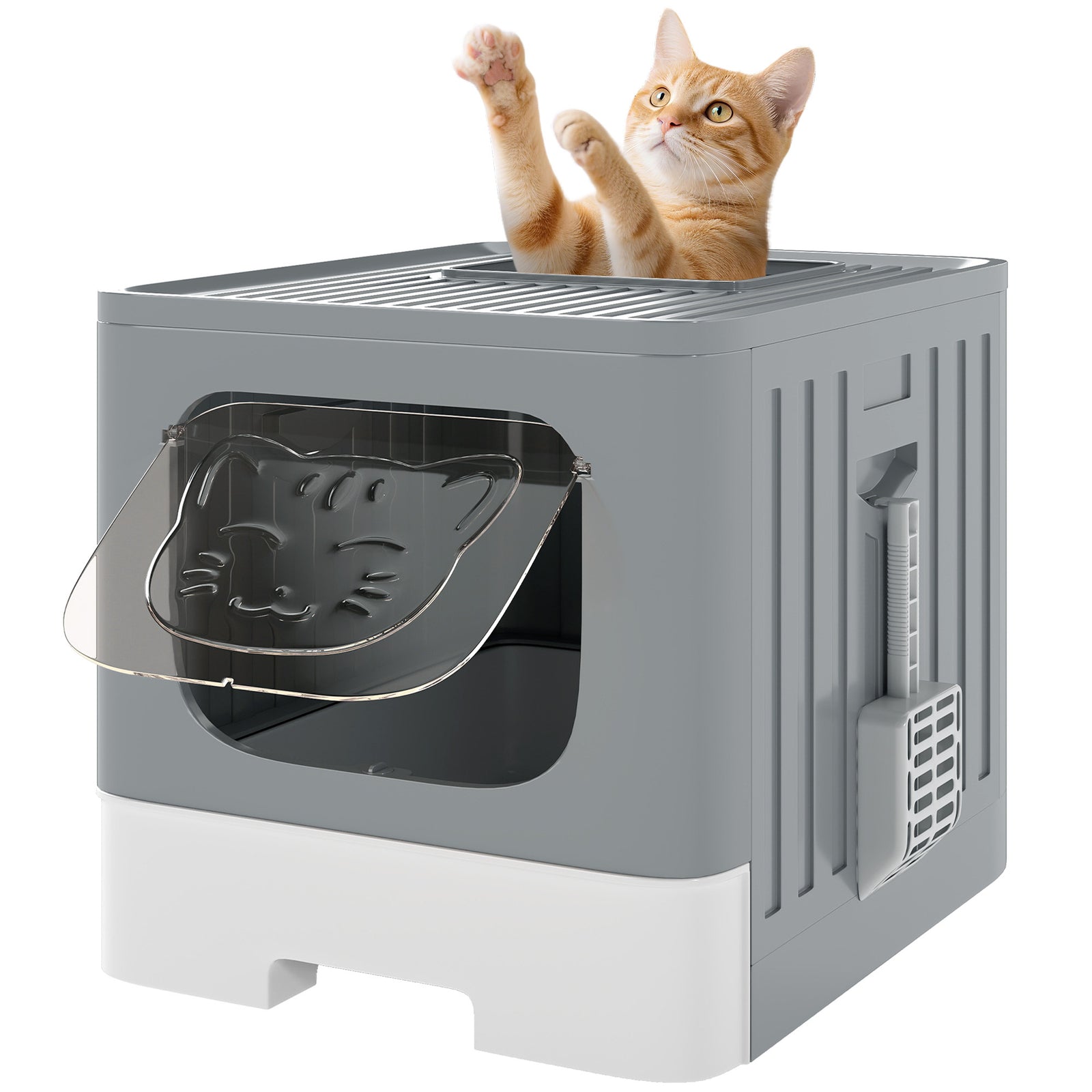 Foldable Cat Litter Box With Lid, Slide-out Drawer | Grey