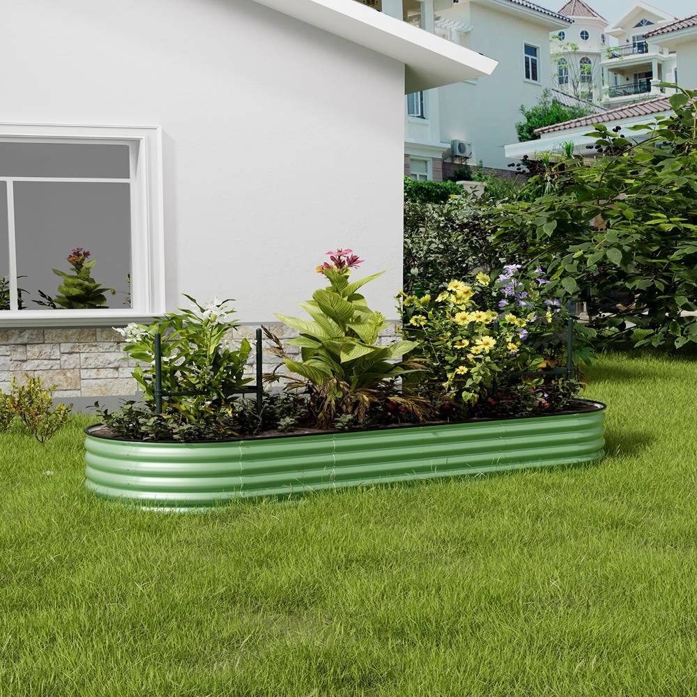 Green Raised Garden Bed Oval Galvanized Steel Planter For Backyard Gardening | Medium | Light Green
