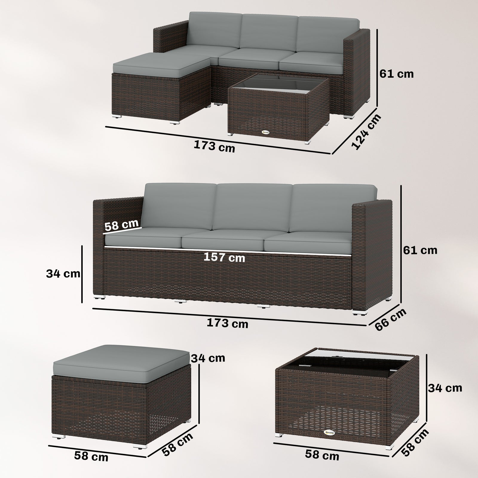 Garden Furniture Set W/ Padded Cushions Corner Sofa Set | Brown