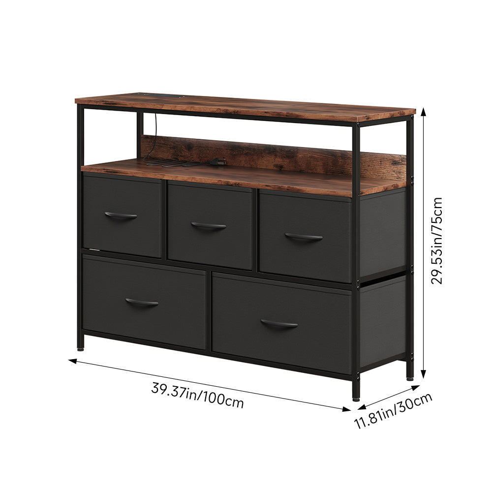 5-drawer Metal Frame Chest Of Drawers Storage Cabinet With Power Strip | Black