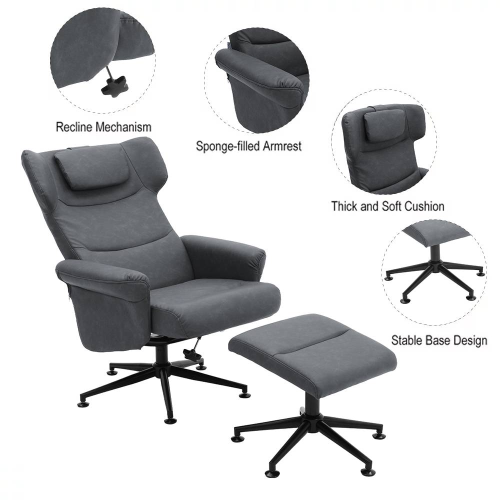 Faux Leather Swivel Armchair With Footstool | Grey