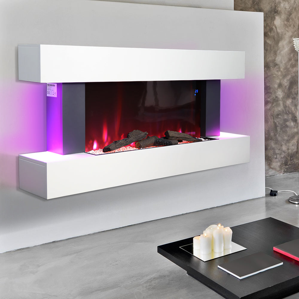 52-inch Electric Fireplace Suite, Black Fire With White Led Surround, Remote Control, Dual Side Nightlights & 7 Flame Colors