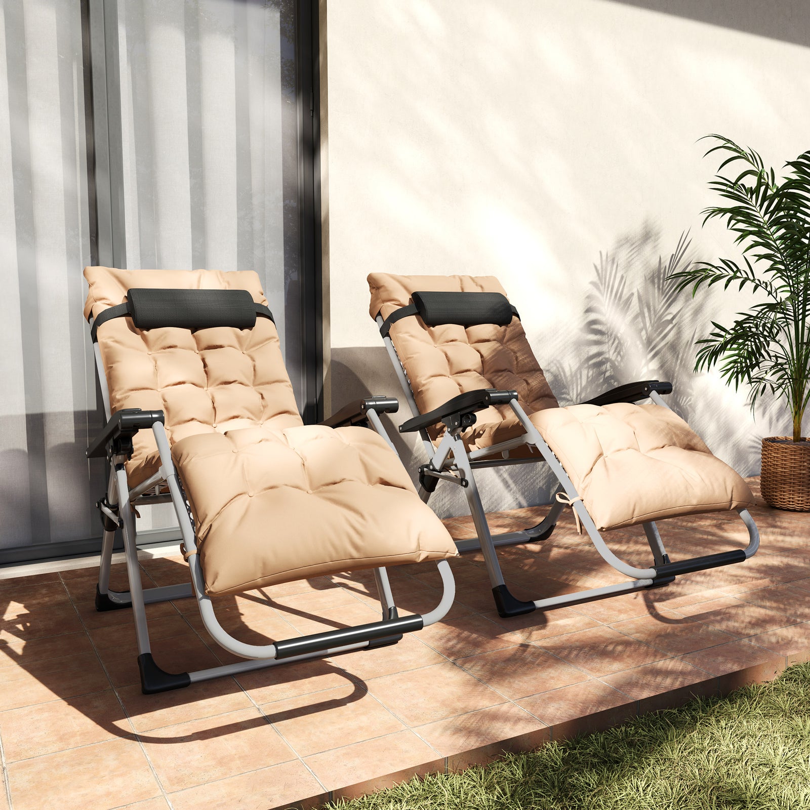 2 Pcs Reclining Zero Gravity Chair Folding Lounger Cushion | Khaki