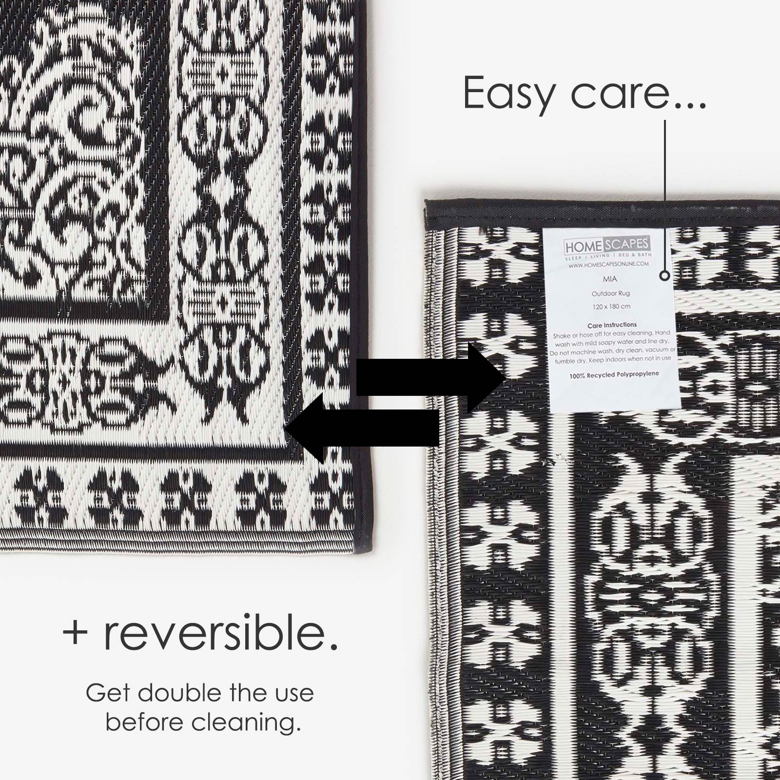 Luxury Outdoor Rug Waterproof Reversible For Garden Patio, Monochrome Motif