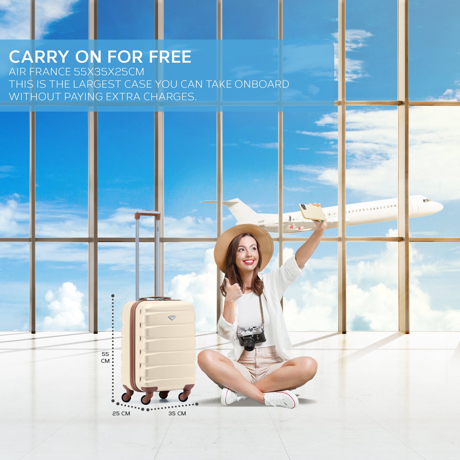 55x35x25cm Lightweight Suitcase - Cabin Carry On - Hard Shell - 4 Wheels Overhead Luggage | Cabin | Cream